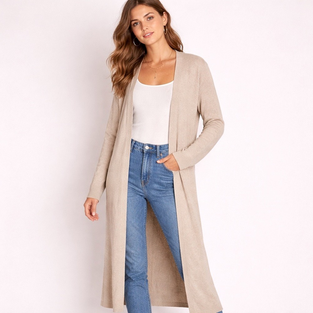 Boho Beige Minimal Duster Cardigan Open Front Side Slit Knit Sweater XS Longline